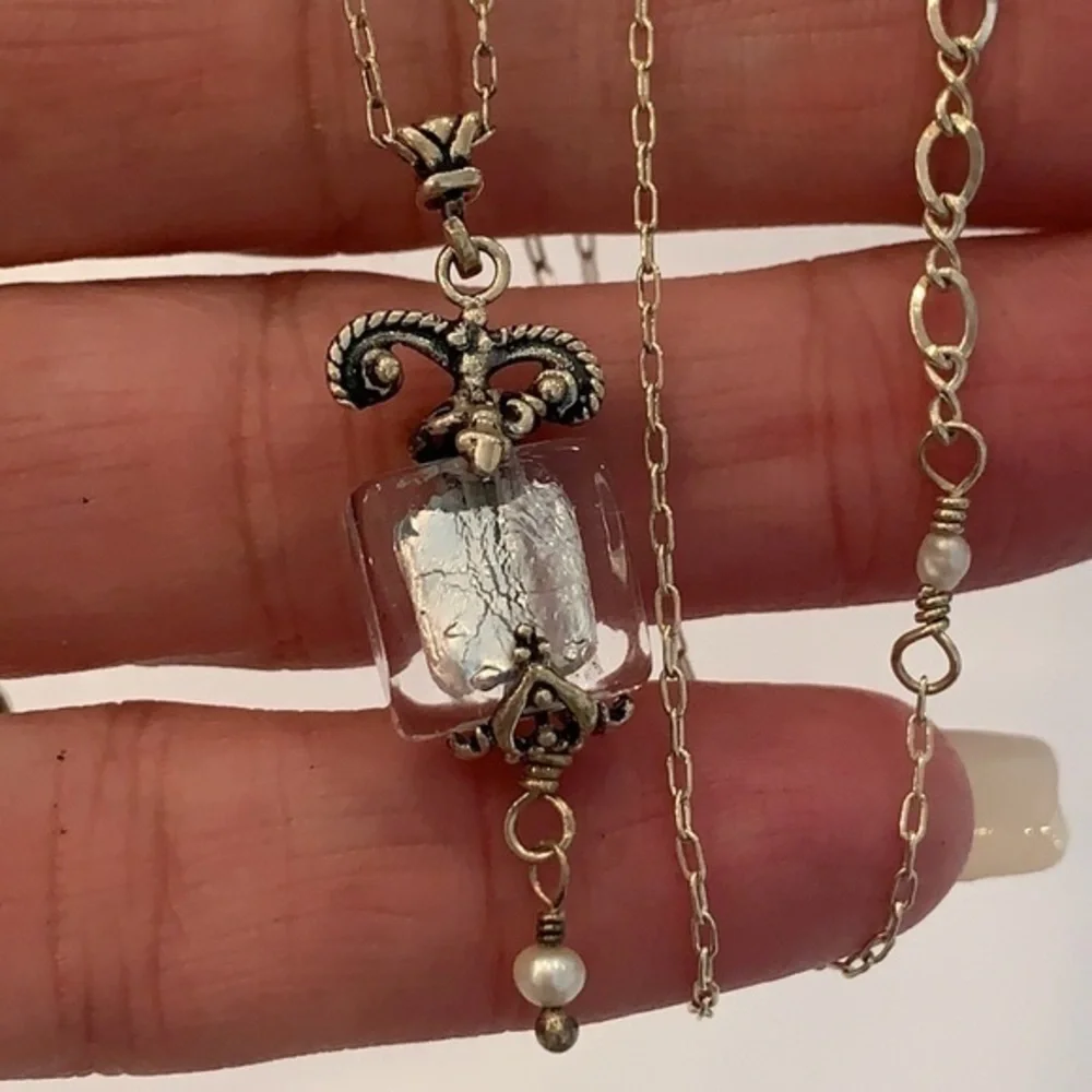 Sterling silver natural pearls art glass pendant
